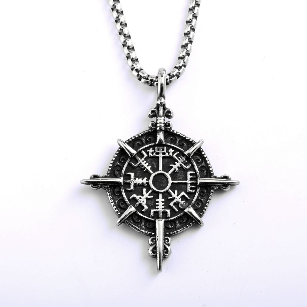 Stainless Steel Men’s Pendant Viking Compass Rune Necklace
