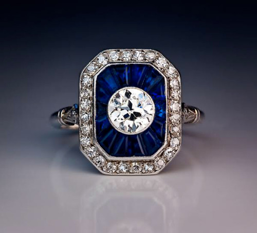 Art Deco Round Lab Created Diamond & Sapphire Wedding 14K White Gold Finish Ring