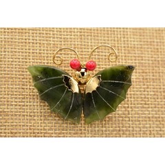 Vintage Butterfly Pin Brooch Green Cabochon Faux Jade Gold Tone 1970s BinAQ