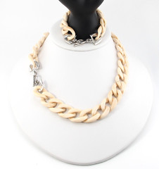 Vintage Bohemian Set Bracelet & Necklace Marbled Cream Tone Acetate Twist Chain