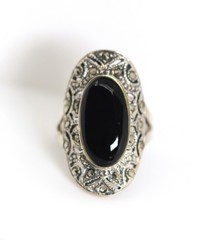 Sterling Silver Art Deco Ring 1915-1935 Onyx & Markasit, Oval, Gr. 57